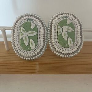 Green and White Beaded Earrings